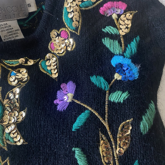 Lauren Cole Petites Vintage 80s Silk Angora Floral Sequin Sweater Small - Picture 6 of 9